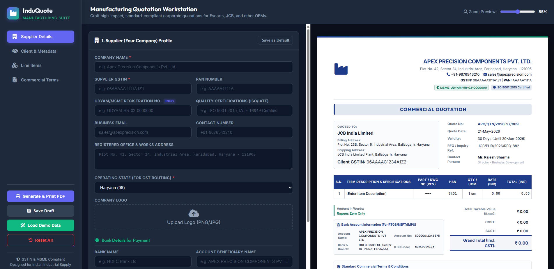Manufacturing quotation workstation dashboard preview