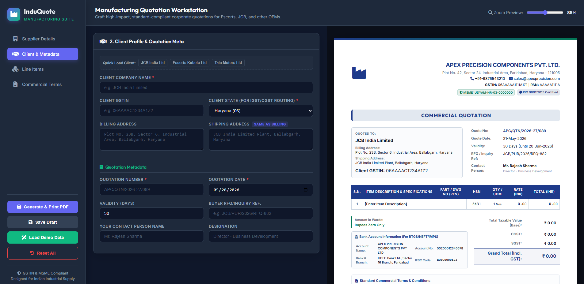 Manufacturing quotation client and metadata screen
