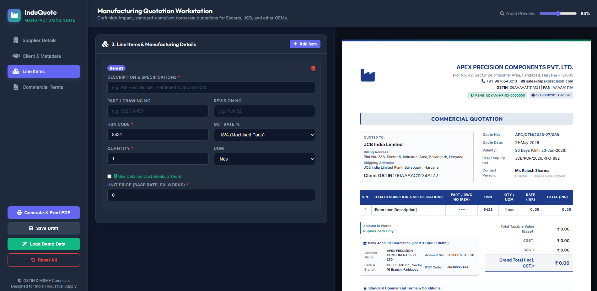 Manufacturing quotation line item and terms screen