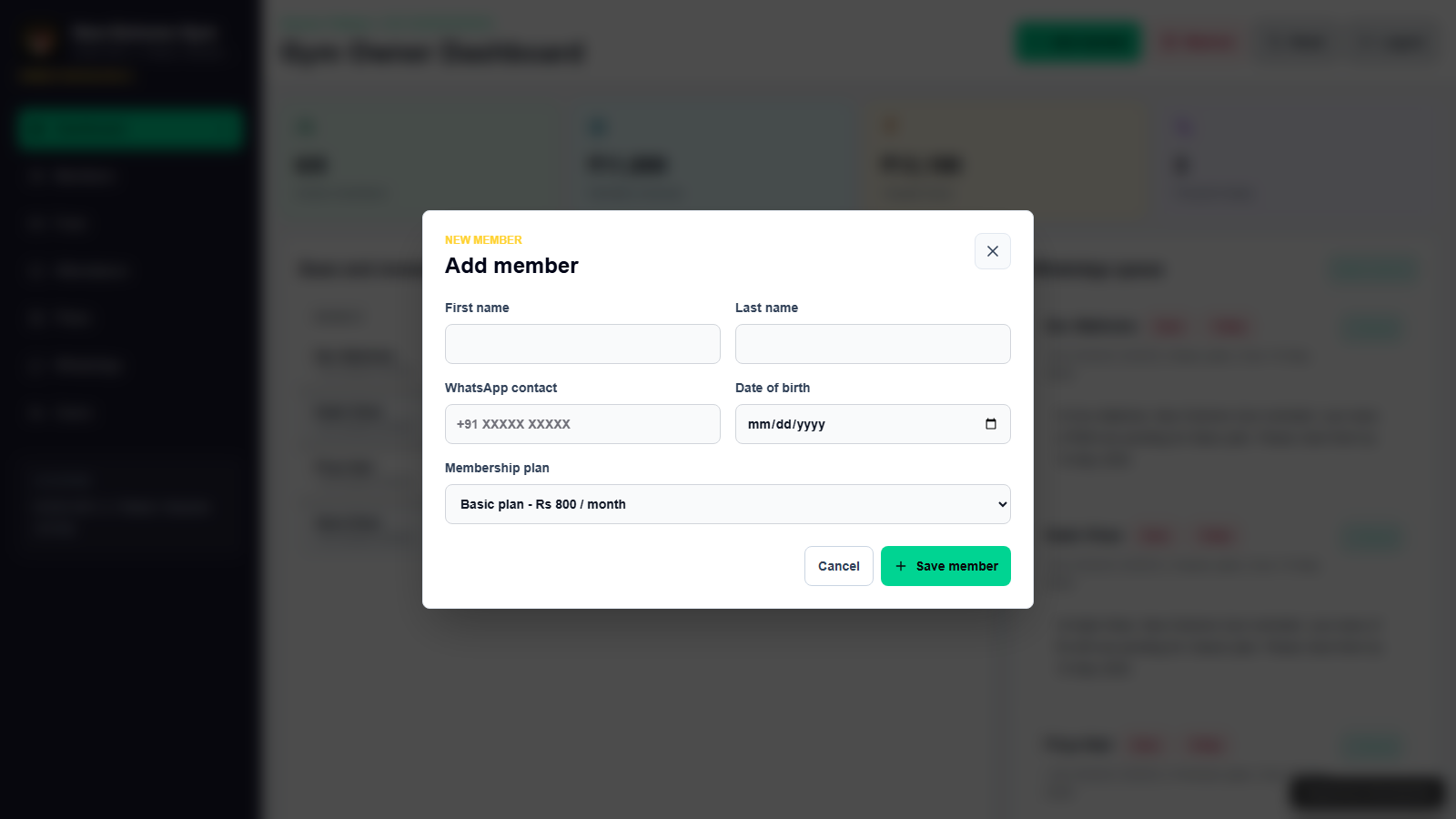Add member form modal with plan and WhatsApp fields