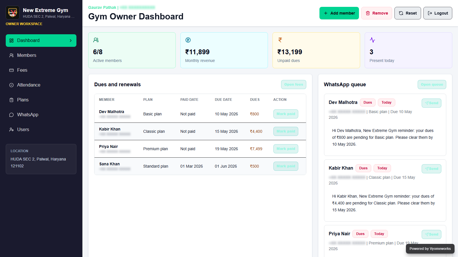Owner dashboard with revenue, dues, members, and WhatsApp queue