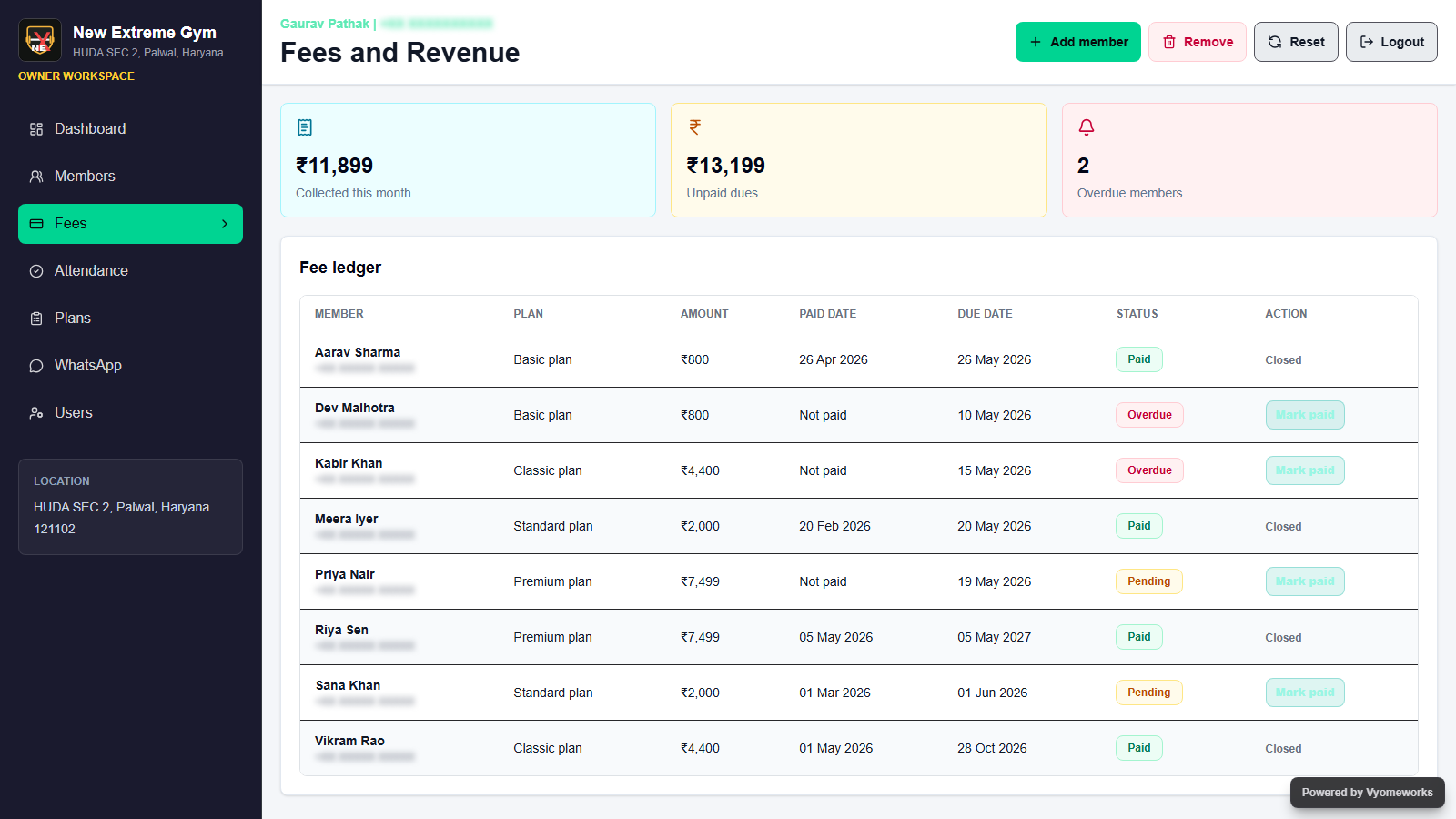 Fees and revenue proof with blurred contact numbers