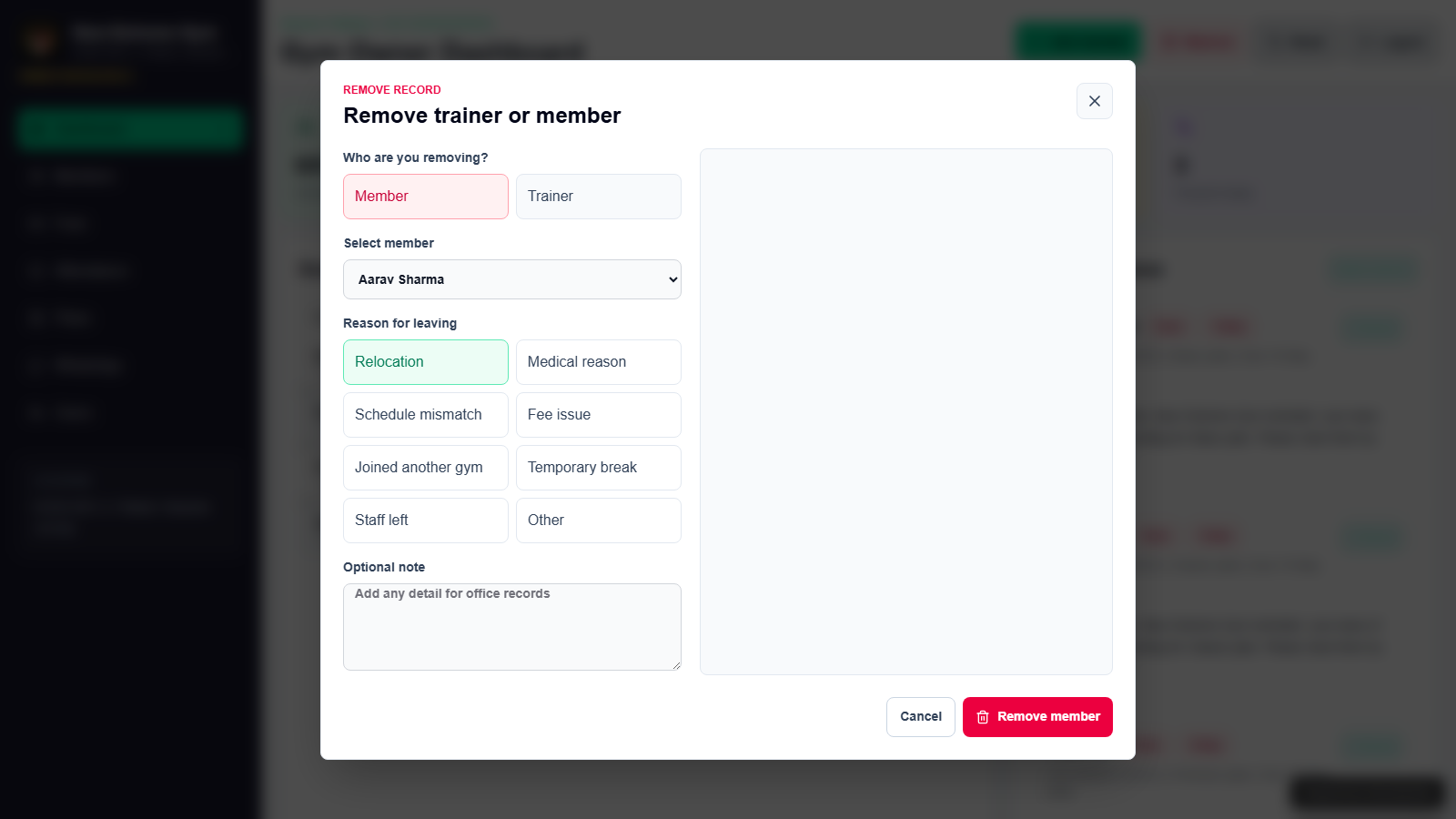Remove member or trainer modal with attendance and reason selection