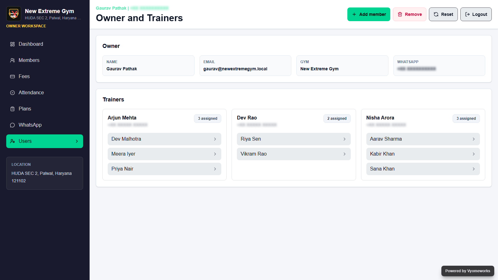 Owner and trainer management proof with blurred contact numbers
