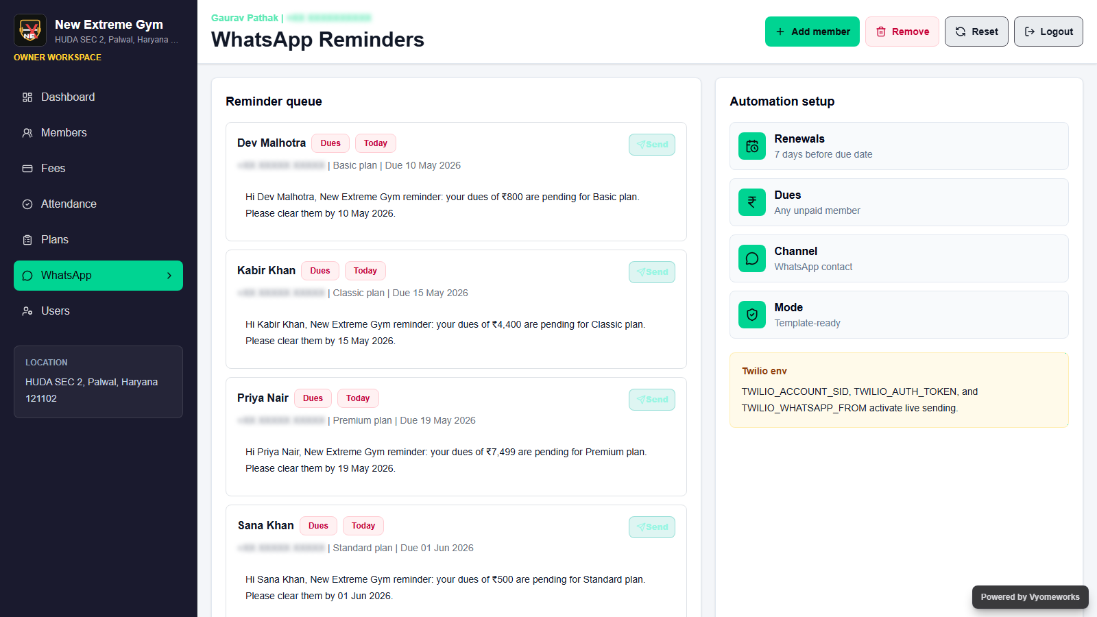 WhatsApp reminders proof with blurred contact numbers